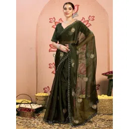 Satrani Green Chiffon Embroidered Saree With Unstitched Blouse-picture-25