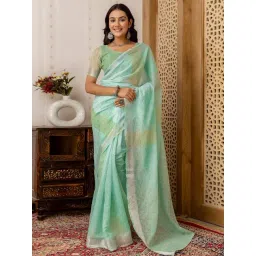 Satrani Green Cotton Blend Printed Saree With Unstitched Blouse-picture-48