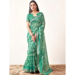 Satrani Green Floral Print Saree With Unstitched Blouse-picture-27