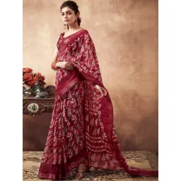 Satrani Maroon Floral Print Saree With Unstitched Blouse-picture-17
