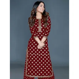 Satrani Maroon Floral Print Straight Kurta-picture-20