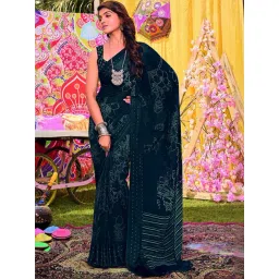 Satrani Navy Floral Print Saree With Unstitched Blouse-picture-37