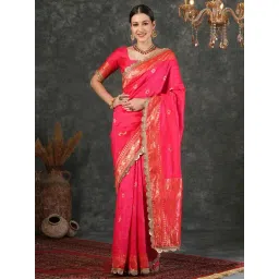 Satrani Pink Silk Woven Saree With Unstitched Blouse-picture-46