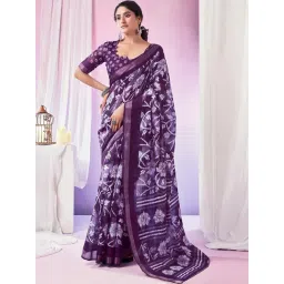 Satrani Purple Floral Print Saree With Unstitched Blouse-picture-35