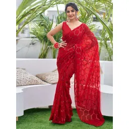 Satrani Red Embellished Saree With Unstitched Blouse-picture-16