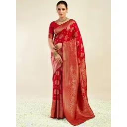 Satrani Red Silk Blend Woven Saree With Unstitched Blouse-picture-47