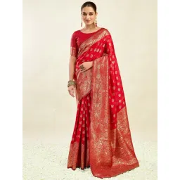 Satrani Red Silk Blend Woven Saree With Unstitched Blouse-picture-13