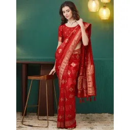 Satrani Red Silk Woven Saree With Unstitched Blouse-picture-48