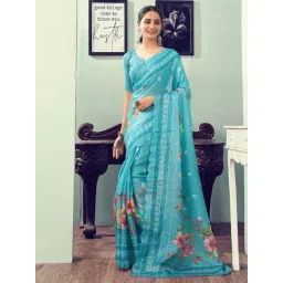Satrani Turquoise Floral Print Saree With Unstitched Blouse-picture-26
