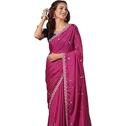 satrani Women'S Shimmer Chiffon Pearl & Stone Work & Embroidery Scalloped Border Saree With Unstitched Blouse Piece-picture-33