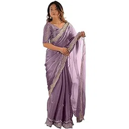 satrani Women's Shimmer Chiffon Sequins Embroidery Saree with Unstitched Blouse Piece-picture-33