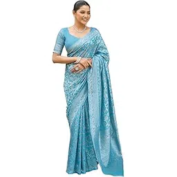 satrani Women's Silk Blend Weaving Saree with Unstitched Blouse Piece-picture-26
