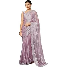 satrani Women's Tissue Silk Sequence Embroidery Scalloped Border Saree with Unstitched Blouse Piece-picture-44