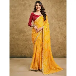 Satrani Yellow Chiffon Printed Saree With Unstitched Blouse-picture-33