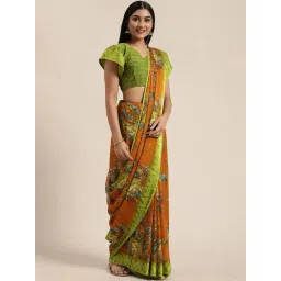 Satrani Yellow Floral Print Saree With Unstitched Blouse-picture-21