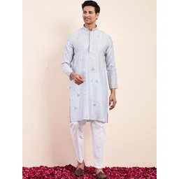 Satwaa Embellished Mandarin Collar Mirror Work Cotton Silk Straight Kurta-picture-12