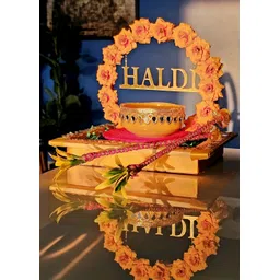 satyam kraft 1 pc Handcrafted Haldi Platter Holder Round haldi thali-Ideal for shaadi Decor Wood Decorative Platter-picture-13
