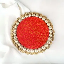 satyam kraft 1 Pcs Jhumkhi Handmade Gota Patti Work Platter with Golden Moti for Rakhi Gift Wood Decorative Platter-picture-23