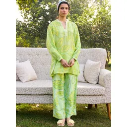 SAUNDH Cava Printed Mandarin Collar Linen Tunic With Trouser-picture-13
