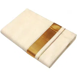 SaveriGroup Men Cotton Double Layer Cream Dhoti with 1" Gold Jari Border Golden Mark Solid Men Dhoti-picture-15