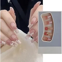 S.A.V.I 24 PCs Long Coffin Nude French Manicure Fake Nails with 3D Bowknot Design, Reusable Press-On Nails for Women - Elegant & Durable Artificial Nails for Weddings & Parties-picture-20