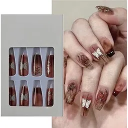 S.A.V.I 24 PCs Long Coffin Shape Nude Transparent Wine Color Butterfly Flower Print Press-on Fake Nails - DIY Manicure Kit - Salon Quality, Easy Application, Reusable False Nails Set-picture-22