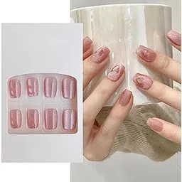 S.A.V.I 24 Pcs Nude Pink Cat Eye Fake Nails, Short Square Shape with Heart Design, Natural-Look Press-On Nail Kit for Women & Girls, DIY Manicure Set, Easy to Apply & Long-Lasting-picture-28