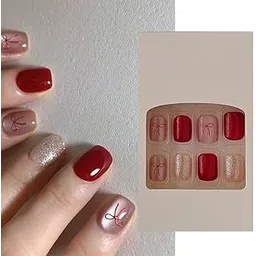 S.A.V.I 24Pcs Short Natural Shape Press-On Nails Red Nude Glitter Bow Design | Reusable DIY Nail Art with Glue & Adhesive Tabs | Trendy Fake Nails for Women & Girls-picture-51