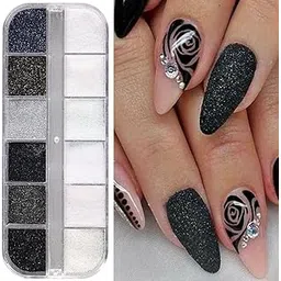 S.A.V.I 12 Grid White & Black Sugar Powder Glitter Nail Art Kit | Sparkle Powder for Winter Nails | Shimmer Nail Accessories | DIY Nail Design | Long-Lasting Shine | Easy Application | 1 Box-picture-50