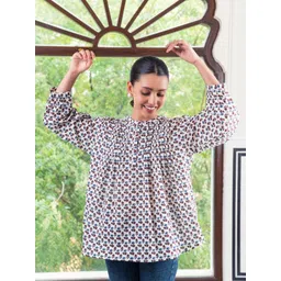 SAVI Women Floral Printed Puff Sleeve Cotton A-Line Top-picture-31