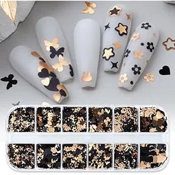 S.A.V.I Ultra-Thin Gold & Black Nail Art Sequins | 12-Grid Box with Butterfly, Heart, Star Designs | DIY Nail Decor for Salon Use | Long-Lasting Metallic Shapes for Stunning Nail Art-picture-11