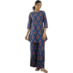 say Night Suit For Womens Cotton Kurti and Pyjama Lounge Night Suit Set Wear Night Dress for Women - Blue-picture-15