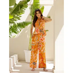 SAY Printed Mandarin Collar Sleeveless Pure Cotton Night Suit Orange (Set of 2) image 1