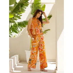 SAY Printed Mandarin Collar Sleeveless Pure Cotton Night Suit Orange (Set of 2) image 2