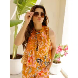 SAY Printed Mandarin Collar Sleeveless Pure Cotton Night Suit Orange (Set of 2) image 3