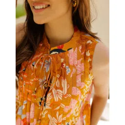 SAY Printed Mandarin Collar Sleeveless Pure Cotton Night Suit Orange (Set of 2) image 4