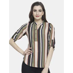 Sayesha Green Striped Mandarin Collar Roll-Up Sleeves Crepe Shirt Style Top-picture-44