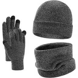 saz dekor Winter Hat Gloves Neck Warmer Scarf Wrap 3Pcs/Set for Cold Weather Women Men Gray-picture-33