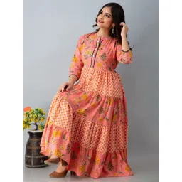SBR BABA KURTI Floral Printed Mandarin Collar Tie-Ups Tiered Fit & Flare Midi Ethnic Dress-picture-22