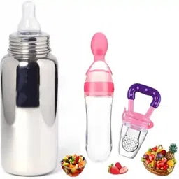 New Baby Fedding Utensils Combo of Milk bottle,Feeder,Teether for Baby Care - Stainless Steel-image-4