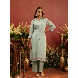 SCAKHI Embroidered Shirt Collar Mul Chanderi Tunic With Palazzo Co-Ords-picture-38