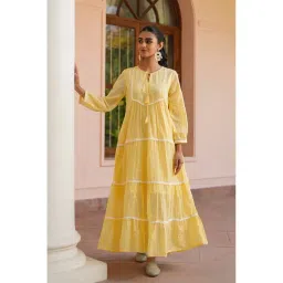 Scakhi Mustard Cotton Mulmul Embroidered Tiered Maxi Dress-picture-27