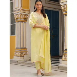SCAKHI Women Floral Yoke Yellow Chanderi Silk Zari Embroidered Straight Suit Set-picture-21