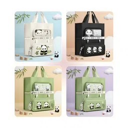 SCHOOLISH Panda Multi-Purpose Shopping, Tote, Vegetable, Lunch, Travel Bag with Handle Strap and Zipper Lock, Reusable Bag, Multi-Pocket Storage - PACK OF 1 - COLOR MAY VARY-picture-18