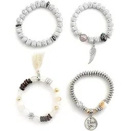 scintillare by sukkhi Attractive Stylish Bohemian I Love You Feather Tassel Charm Multilayer Beaded White Bangle & Bodhi Bracelet Jewellery for Women & Girls|Pack of 4|CBBC107155-picture-44