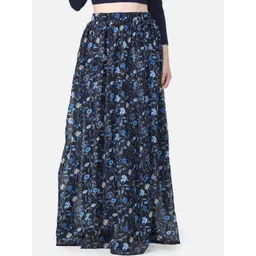 SCORPIUS Women Black & Blue Floral Print Flared Maxi Skirt-picture-23