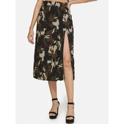 SCORPIUS Women Black & Olive Green Printed Straight Midi Skirt-picture-24