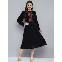 SCOUP Black Embroidered Yoke Design Ruffle A-Line Midi Dress-picture-22
