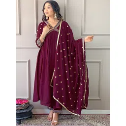 SDK FASHION Women Ethnic Motifs Embroidered Empire Thread Work Kurta with Trousers & With Dupatta-image-22