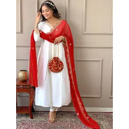 SDK FASHION Women Ethnic Motifs Embroidered Panelled Gotta Patti Chanderi Silk Kurta with Trousers & With-image-0